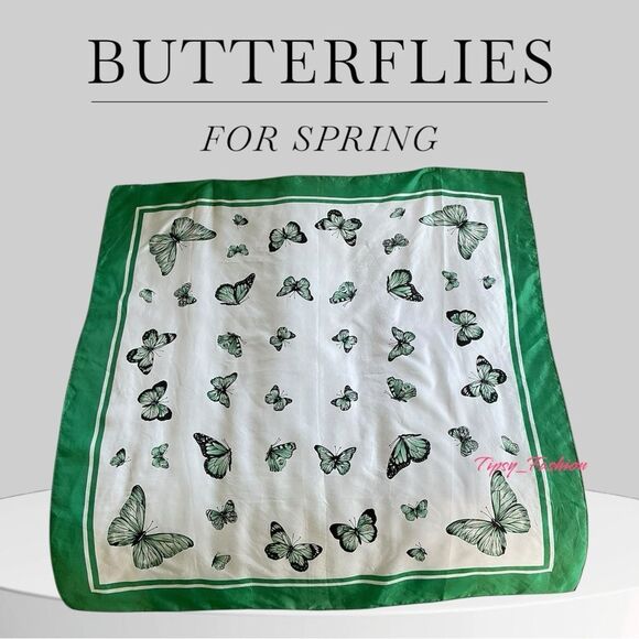 Butterfly Print Scarf with Green Border Summer Spring Twilly - Picture 1 of 6